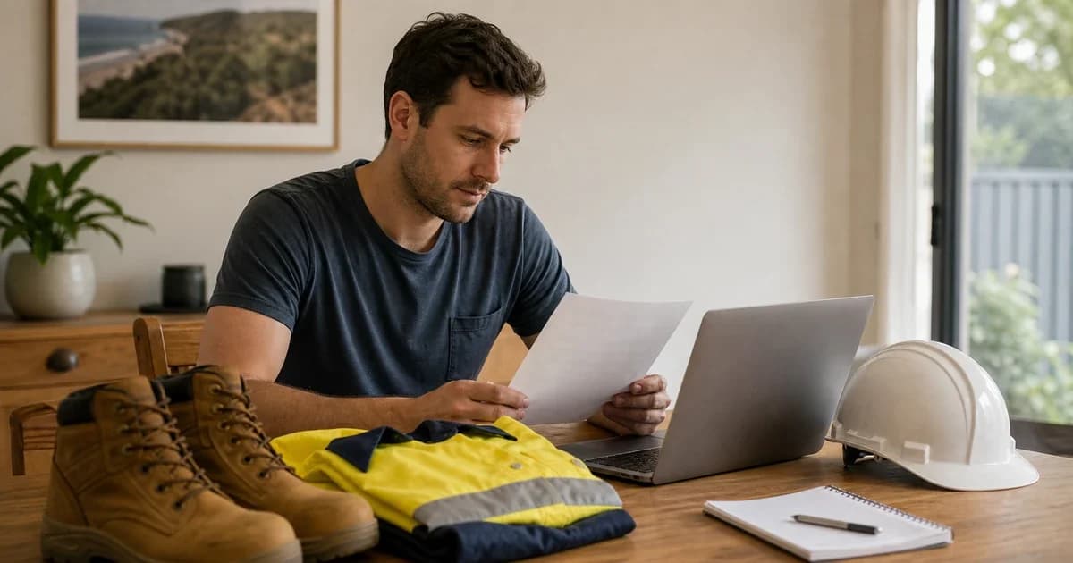 Job seeker reviews application notes beside high-visibility workwear and safety gear